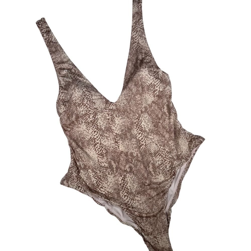 Radio Fiji Womens Snakeskin Print V-Neck One Piece Swimsuit Tan Brown Large
